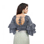 Load image into Gallery viewer, Women's Organza Solid V Neck Layered Ruffle Sleeve Readymade Blouse (Grey Free Size , up to 38–40 Bust)-PID65851
