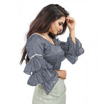 Load image into Gallery viewer, Women's Organza Solid V Neck Layered Ruffle Sleeve Readymade Blouse (Grey Free Size , up to 38–40 Bust)-PID65851
