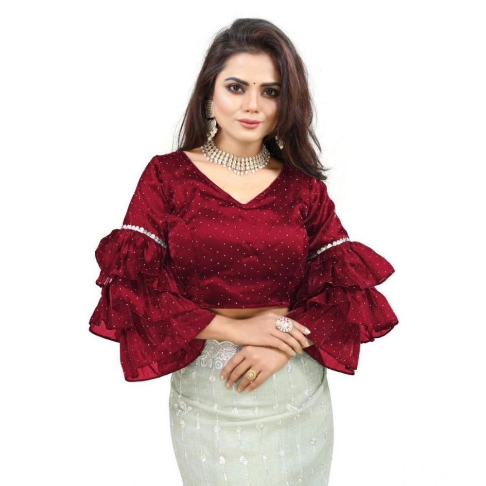 Women's organza solid v neck layered ruffle sleeve readymade blouse (maroon free size , up to 38–40 bust) pid65854