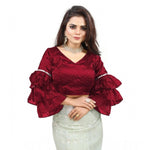 Load image into Gallery viewer, Women's Organza Solid V Neck Layered Ruffle Sleeve Readymade Blouse (Maroon Free Size , up to 38–40 Bust)-PID65854
