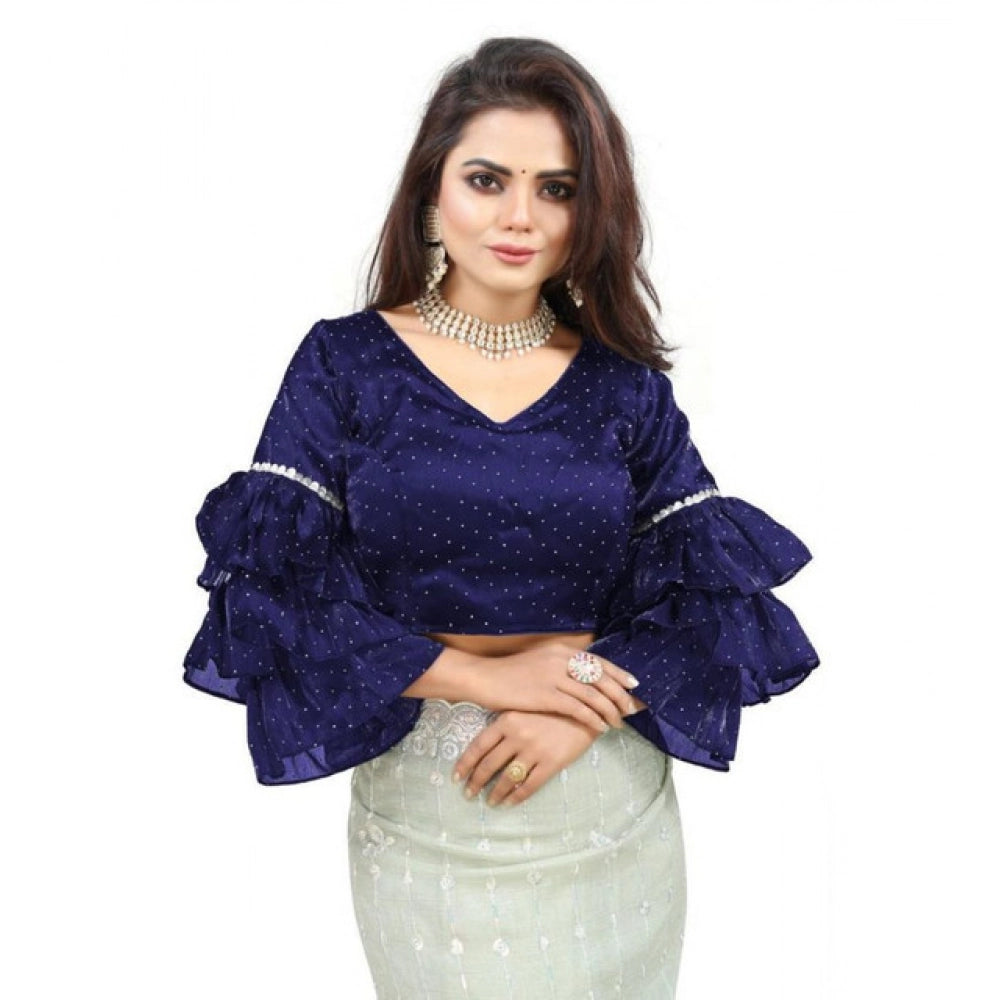 Women's organza solid v neck layered ruffle sleeve readymade blouse (navy free size , up to 38–40 bust) pid65855