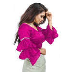 Load image into Gallery viewer, Women's Organza Solid V Neck Layered Ruffle Sleeve Readymade Blouse (Pink Free Size , up to 38–40 Bust)-PID65856
