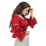 Load image into Gallery viewer, Women's Organza Solid V Neck Layered Ruffle Sleeve Readymade Blouse (Red Free Size , up to 38–40 Bust)-PID65858
