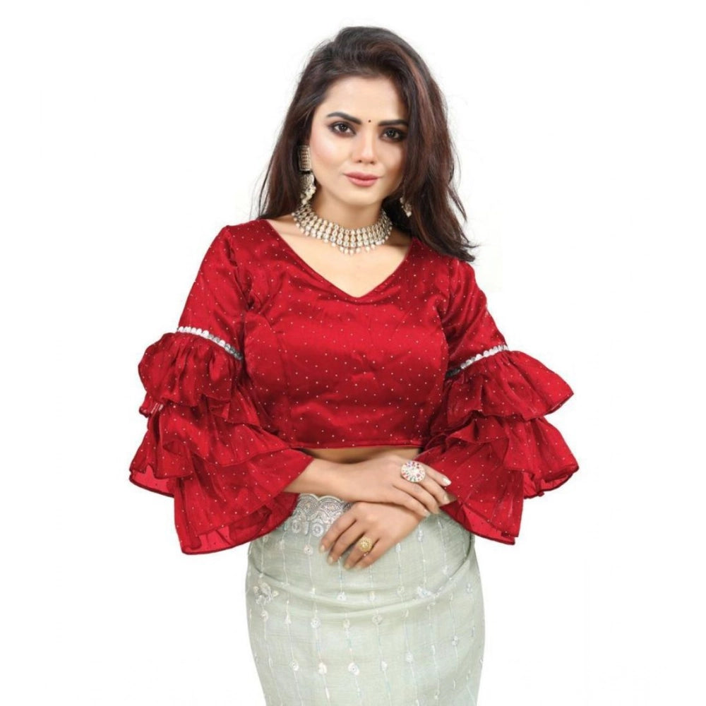 Women's organza solid v neck layered ruffle sleeve readymade blouse (red free size , up to 38–40 bust) pid65858