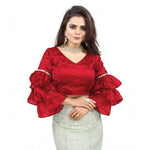 Load image into Gallery viewer, Women's Organza Solid V Neck Layered Ruffle Sleeve Readymade Blouse (Red Free Size , up to 38–40 Bust)-PID65858
