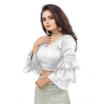 Load image into Gallery viewer, Women's Organza Solid V Neck Layered Ruffle Sleeve Readymade Blouse (White Free Size , up to 38–40 Bust)-PID65859
