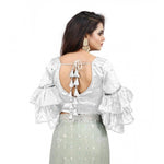 Load image into Gallery viewer, Women's Organza Solid V Neck Layered Ruffle Sleeve Readymade Blouse (White Free Size , up to 38–40 Bust)-PID65859
