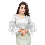 Load image into Gallery viewer, Women's Organza Solid V Neck Layered Ruffle Sleeve Readymade Blouse (White Free Size , up to 38–40 Bust)-PID65859
