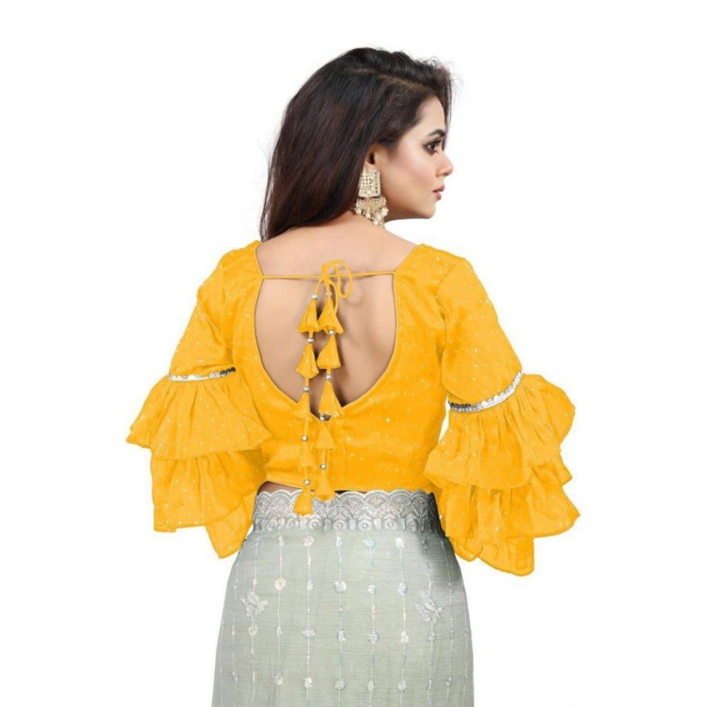 Pid 65860 women s layered ruffle sleeve organza solid v neck readymade blouse yellow free size up 1000x1000