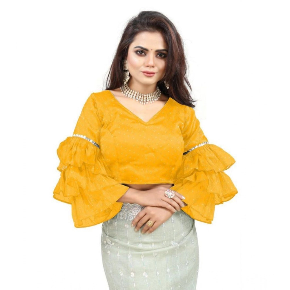 Women's organza solid v neck layered ruffle sleeve readymade blouse (yellow free size , up to 38–40 bust) pid65860
