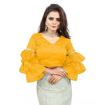 Load image into Gallery viewer, Women's Organza Solid V Neck Layered Ruffle Sleeve Readymade Blouse (Yellow Free Size , up to 38–40 Bust)-PID65860
