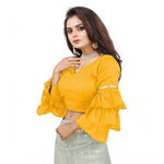Load image into Gallery viewer, Women's Organza Solid V Neck Layered Ruffle Sleeve Readymade Blouse (Yellow Free Size , up to 38–40 Bust)-PID65860
