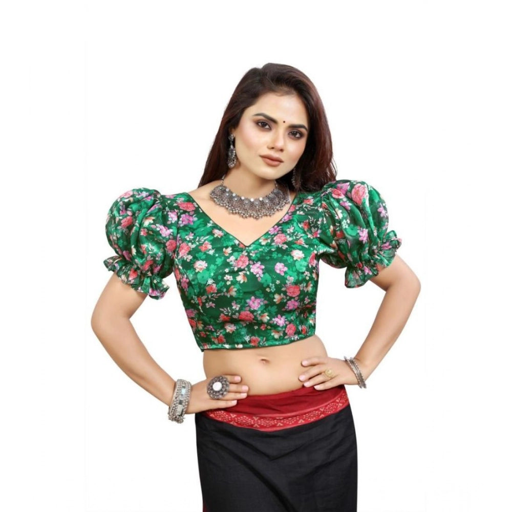 Women's organza printed v neck puff sleeve readymade blouse (green 38 , alterable up to 42) pid65863