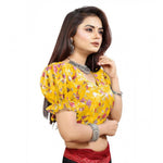 Load image into Gallery viewer, Women's Organza Printed V Neck Puff Sleeve Readymade Blouse (Mustard 38 , Alterable up to 42)-PID65867
