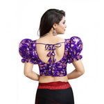 Load image into Gallery viewer, Women's Organza Printed V Neck Puff Sleeve Readymade Blouse (Purple 38 , Alterable up to 42)-PID65870
