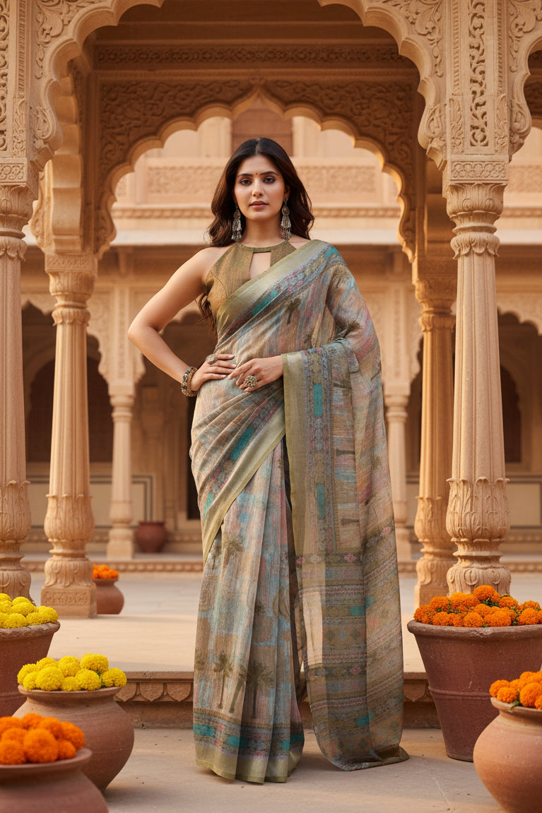 Women's Faux Linen Printed Ready to wear Saree With Unstitched Blouse 5.5Mtr (Multicolor)