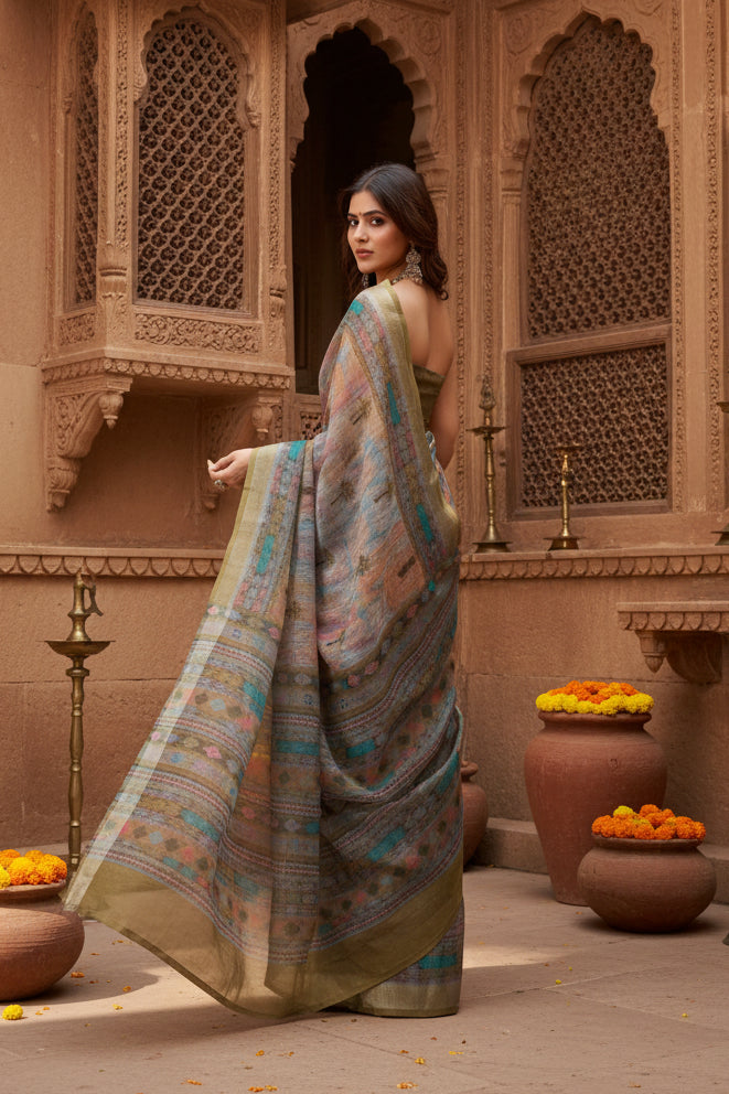 Women's Faux Linen Printed Ready to wear Saree With Unstitched Blouse 5.5Mtr (Multicolor)