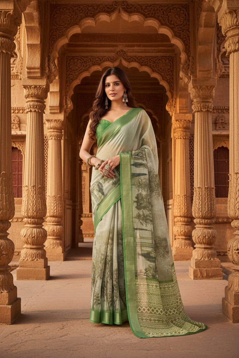 Women's Faux Linen Printed Ready to wear Saree With Unstitched Blouse 5.5Mtr (Light_Green)