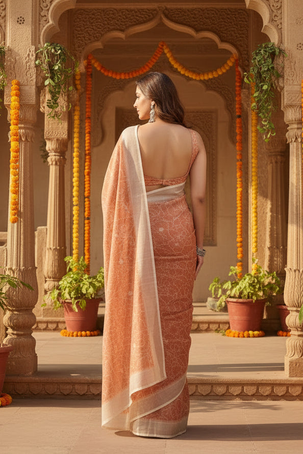 Women's Faux Linen Floral Print Ready to wear Saree With Unstitched Blouse 5.5Mtr (Peach)