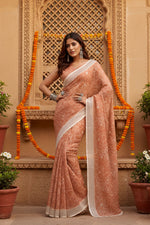 Load image into Gallery viewer, Women's Faux Linen Floral Print Ready to wear Saree With Unstitched Blouse 5.5Mtr (Peach)
