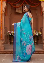 Load image into Gallery viewer, Women's Faux Linen Floral Print Ready to wear Saree With Unstitched Blouse 5.5Mtr (Light_AquaBlue)

