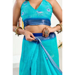 Load image into Gallery viewer, Women's Faux Linen Floral Print Ready to wear Saree With Unstitched Blouse 5.5Mtr (Light_AquaBlue)
