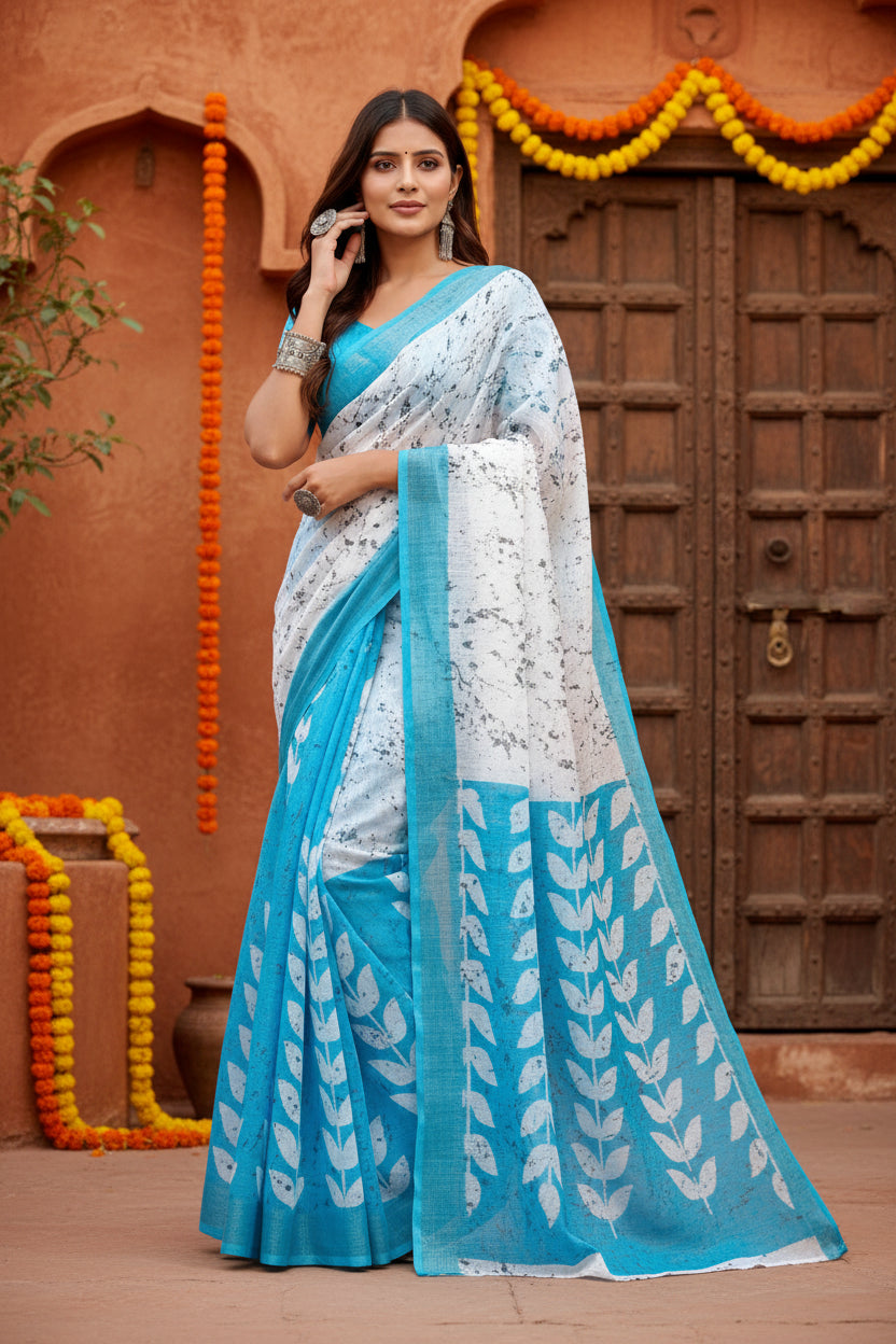 Pid 65880 women s faux linen leaf print ready to wear saree with unstitched blouse 5 5 mtr sky blue 1000x1000