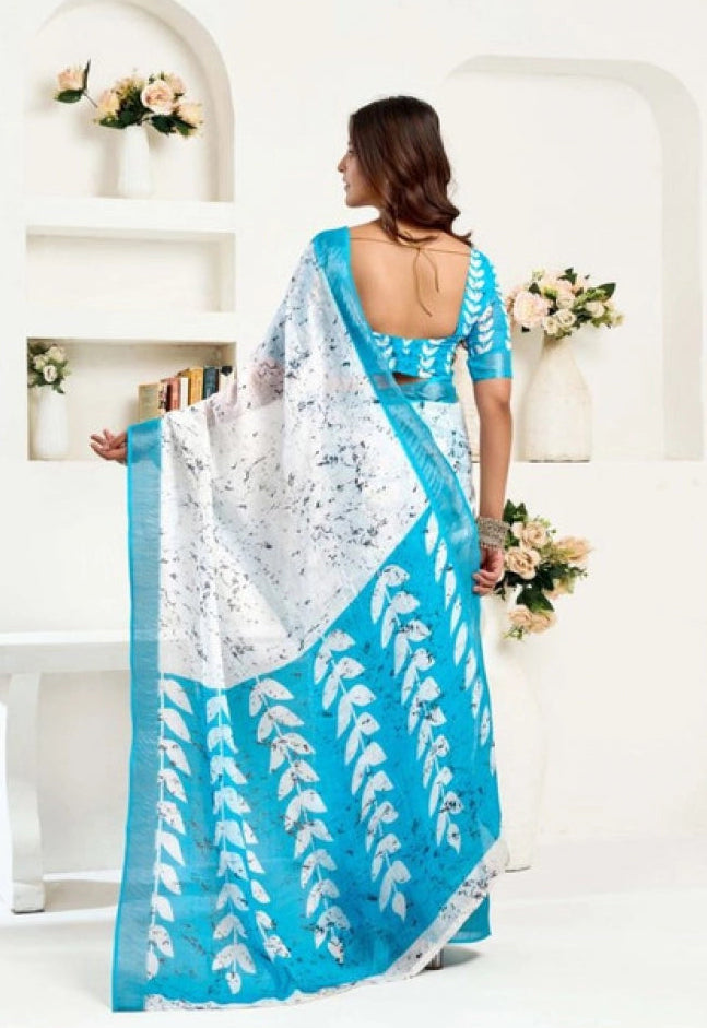 Women's Faux Linen Leaf Print Ready to wear Saree With Unstitched Blouse 5.5Mtr (SkyBlue &amp; White)