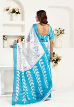 Load image into Gallery viewer, Women's Faux Linen Leaf Print Ready to wear Saree With Unstitched Blouse 5.5Mtr (SkyBlue &amp; White)

