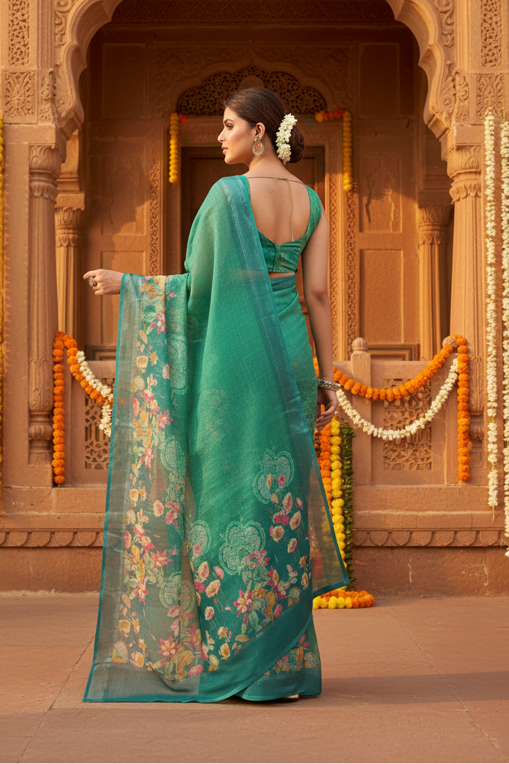 Women's Faux Linen Floral Ready to wear Saree With Unstitched Blouse 5.5Mtr (Green)