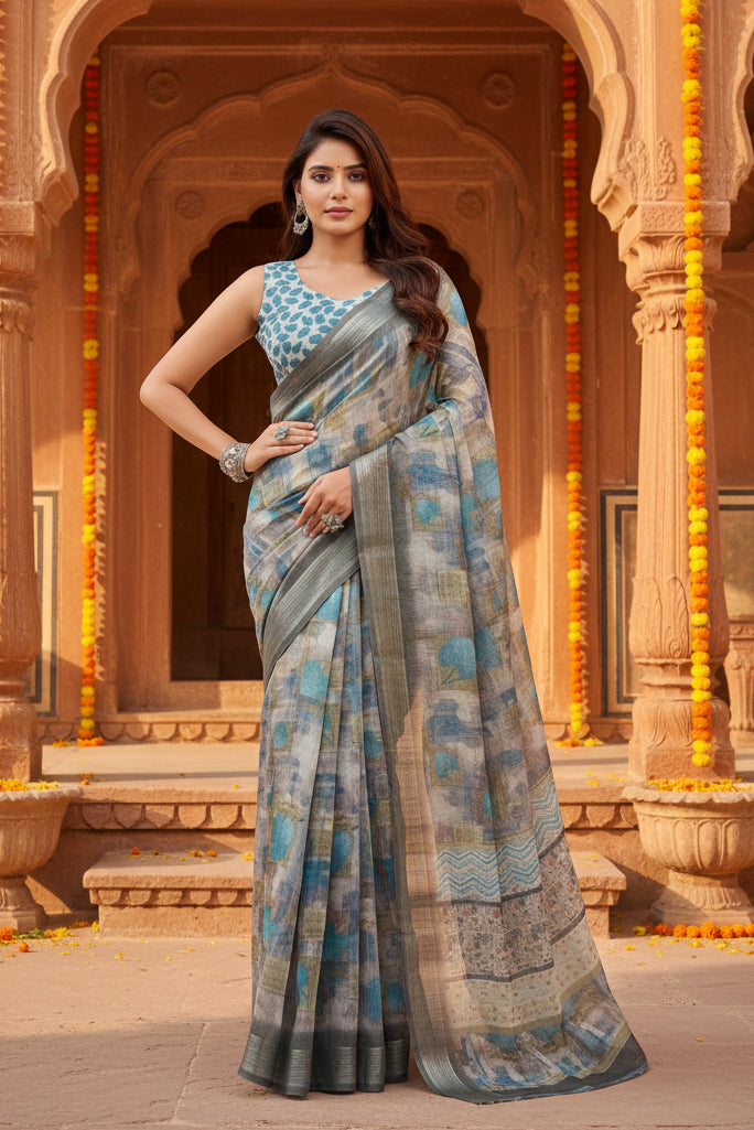 Women's Faux Linen Abstract Print Ready to wear Saree With Unstitched Blouse 5.5Mtr (Grey)