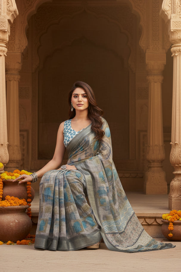 Women's faux linen abstract print ready to wear saree with unstitched blouse 5