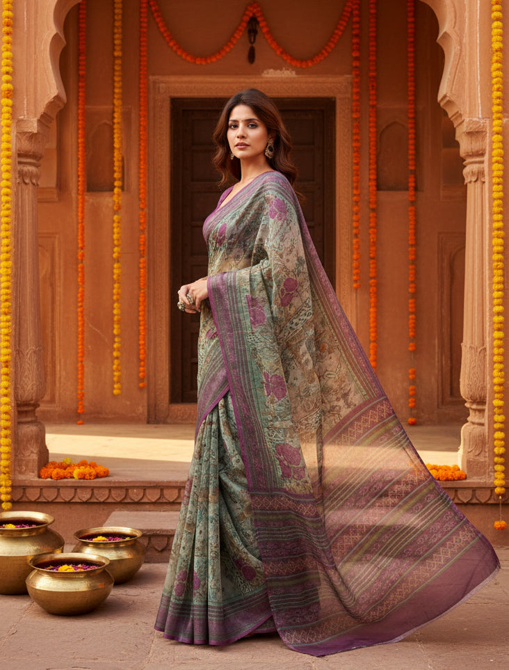 Women's faux linen printed ready to wear saree with unstitched blouse 5