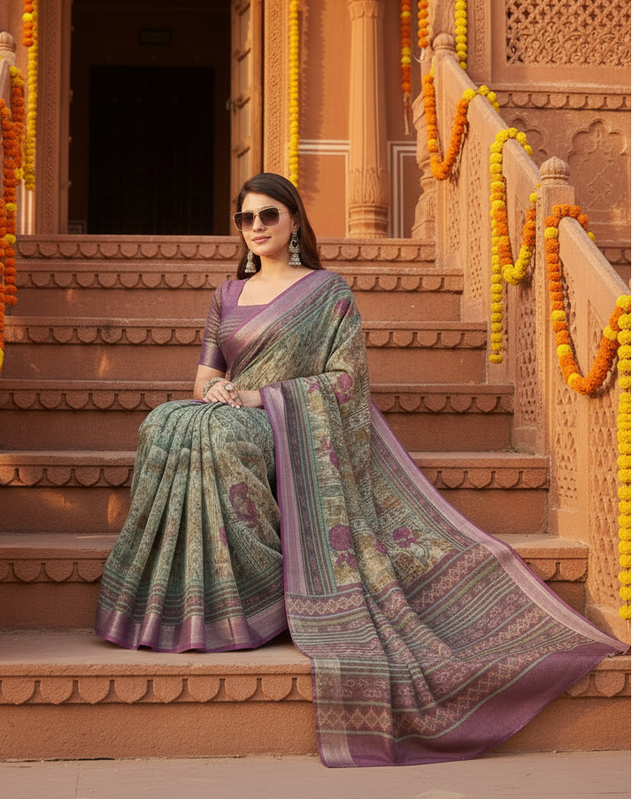 Women's Faux Linen Printed Ready to wear Saree With Unstitched Blouse 5.5Mtr (Multicolor)