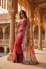 Load image into Gallery viewer, Women's Faux Linen Floral Print Ready to wear Saree With Unstitched Blouse 5.5Mtr (Pink)
