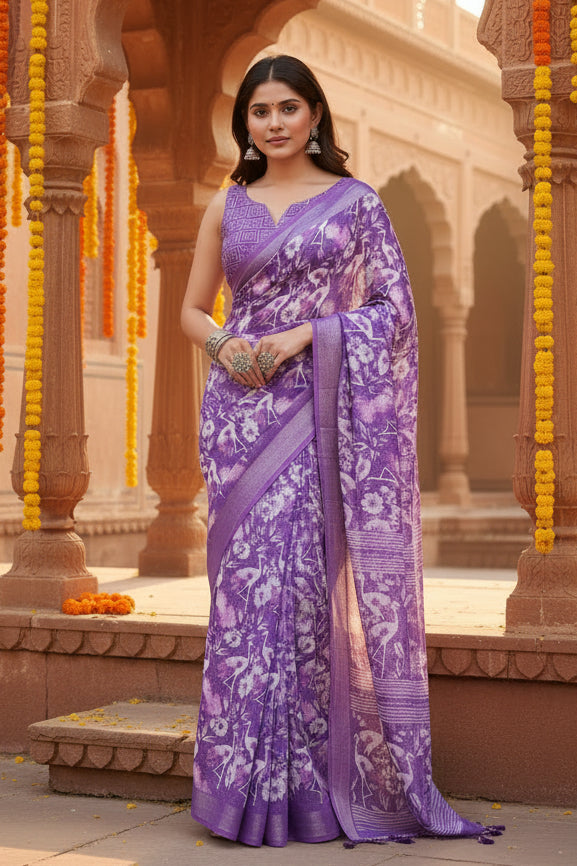 Women's Faux Linen Floral Print Ready to wear Saree With Unstitched Blouse 5.5Mtr (Purple)
