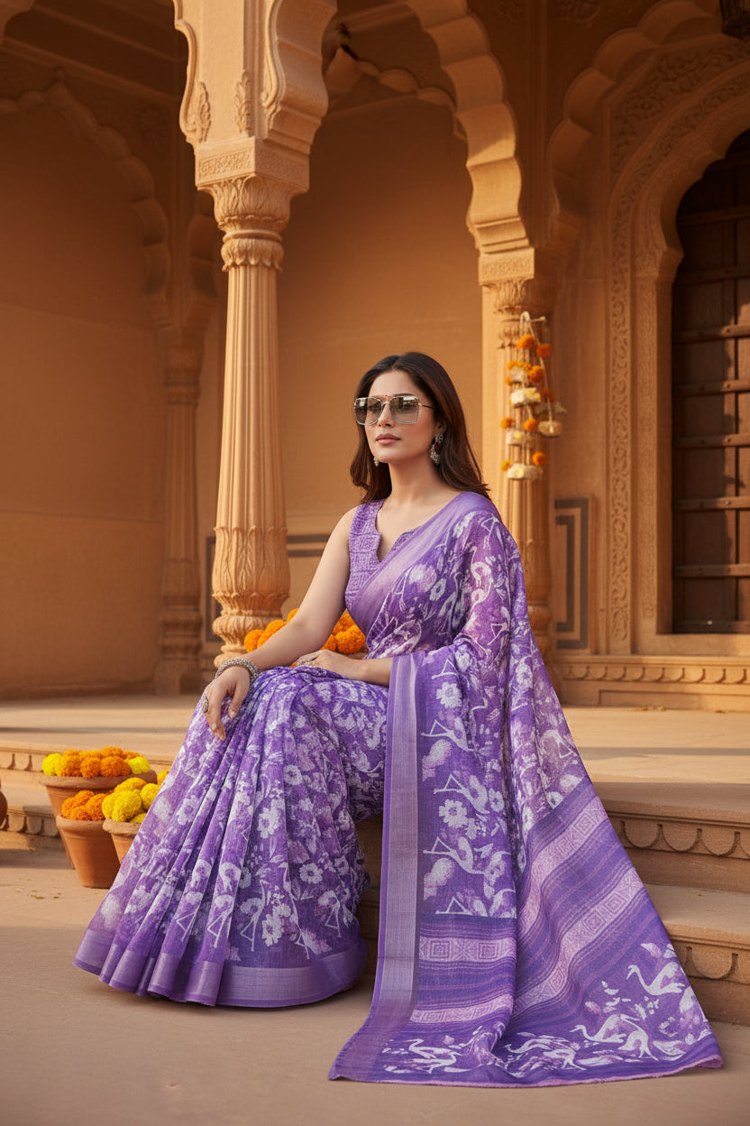 Women's Faux Linen Floral Print Ready to wear Saree With Unstitched Blouse 5.5Mtr (Purple)