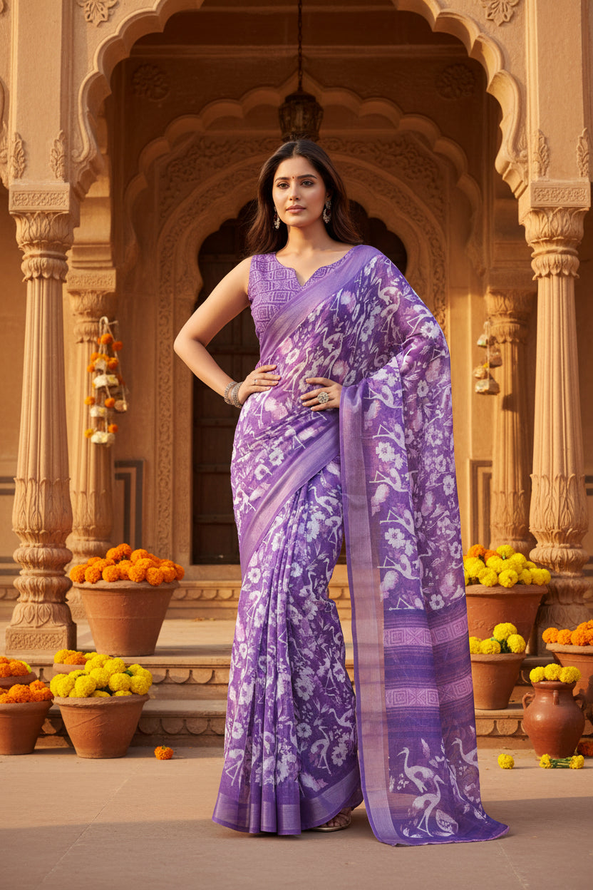 Women's Faux Linen Floral Print Ready to wear Saree With Unstitched Blouse 5.5Mtr (Purple)