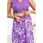 Load image into Gallery viewer, Women's Faux Linen Floral Print Ready to wear Saree With Unstitched Blouse 5.5Mtr (Purple)

