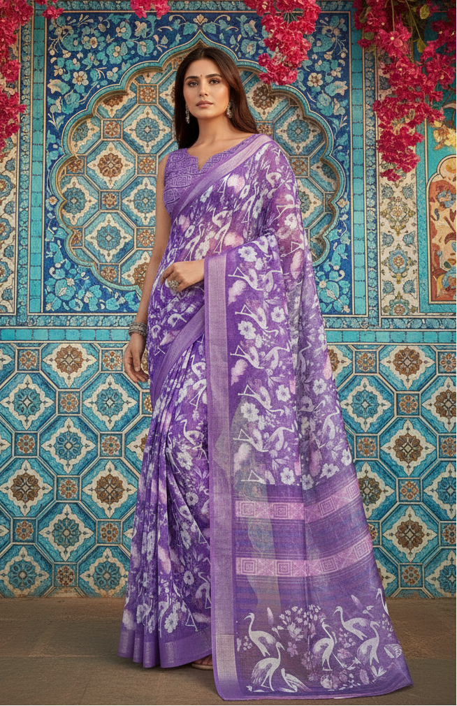 Women's Faux Linen Floral Print Ready to wear Saree With Unstitched Blouse 5.5Mtr (Purple)