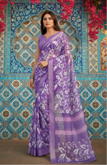 Load image into Gallery viewer, Women's Faux Linen Floral Print Ready to wear Saree With Unstitched Blouse 5.5Mtr (Purple)
