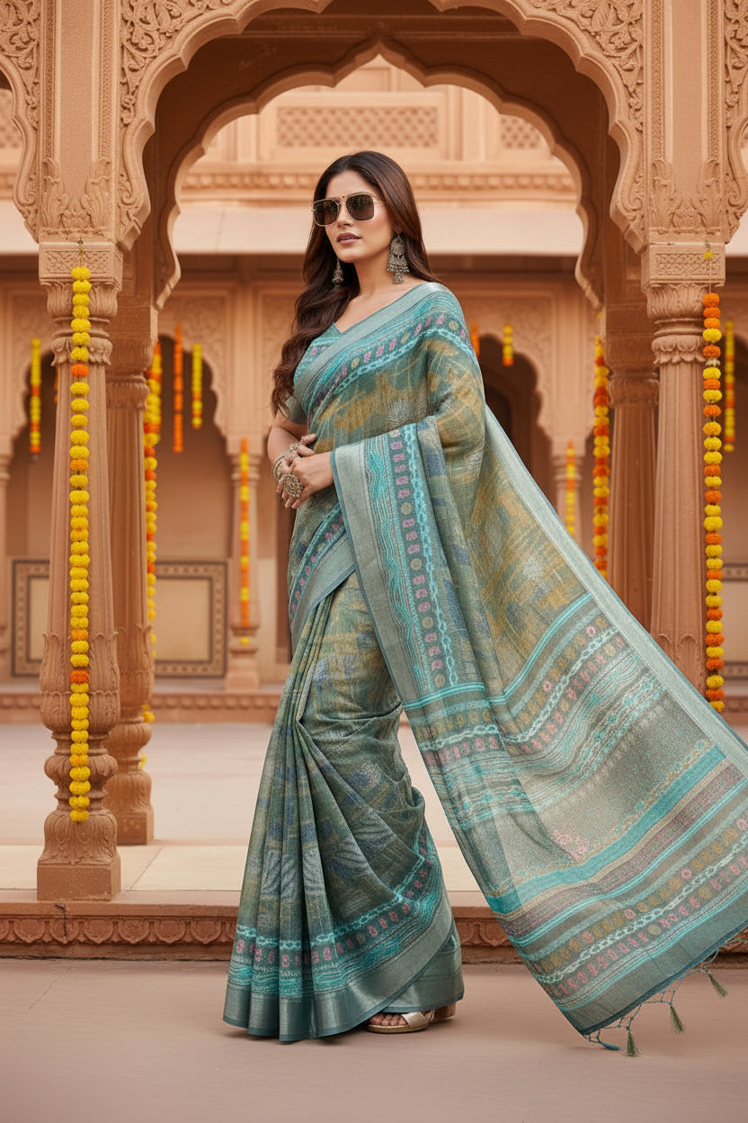 Women's Faux Linen Printed Ready to wear Saree With Unstitched Blouse 5.5Mtr (Multicolor)