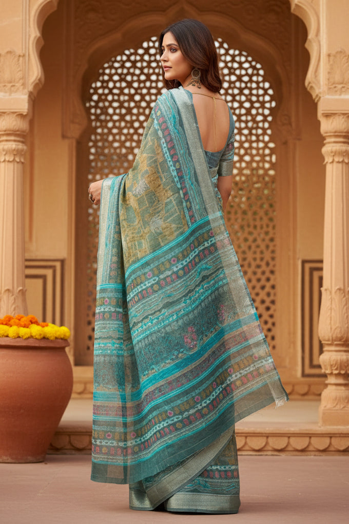 Women's Faux Linen Printed Ready to wear Saree With Unstitched Blouse 5.5Mtr (Multicolor)