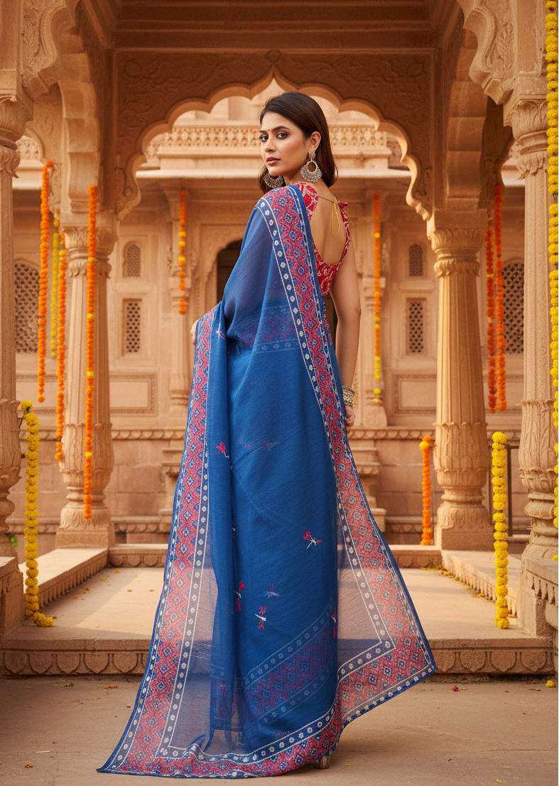 Women's Faux Linen Floral Print Ready to wear Saree With Unstitched Blouse 5.5Mtr (Blue)