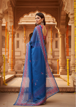 Load image into Gallery viewer, Women's Faux Linen Floral Print Ready to wear Saree With Unstitched Blouse 5.5Mtr (Blue)
