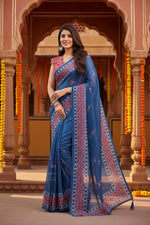 Load image into Gallery viewer, Women's Faux Linen Floral Print Ready to wear Saree With Unstitched Blouse 5.5Mtr (Blue)
