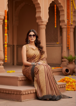Load image into Gallery viewer, Women's Faux Linen Geometric Print Ready to wear Saree With Unstitched Blouse 5.5Mtr (Brown)
