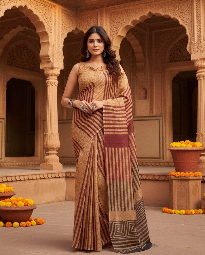 Women's Faux Linen Geometric Print Ready to wear Saree With Unstitched Blouse 5.5Mtr (Brown)