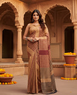 Load image into Gallery viewer, Women's Faux Linen Geometric Print Ready to wear Saree With Unstitched Blouse 5.5Mtr (Brown)

