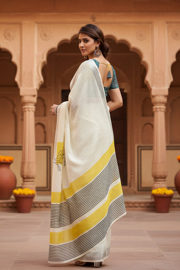 Women's Faux Linen Floral Print Ready to wear Saree With Unstitched Blouse 5.5Mtr (Off_White)